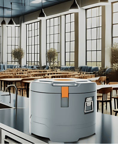 Commercial insulated food container in modern cafeteria setting