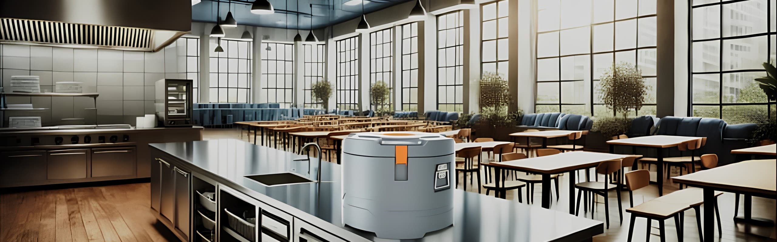 Commercial insulated food container in modern cafeteria setting